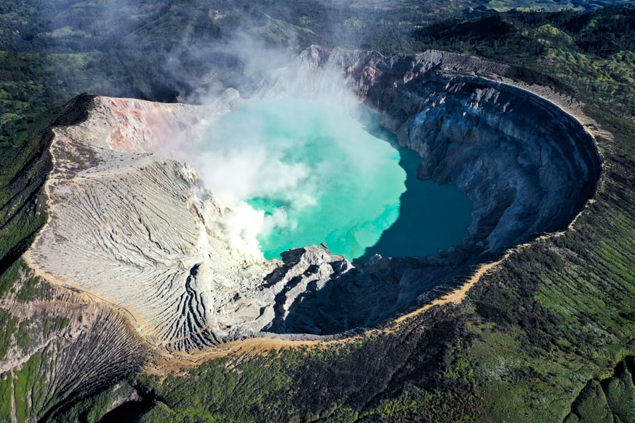 Kawah Ijen Volcano Mount Ijen Crater Lake Blue Fire Banyuwangi Indonesia Drone