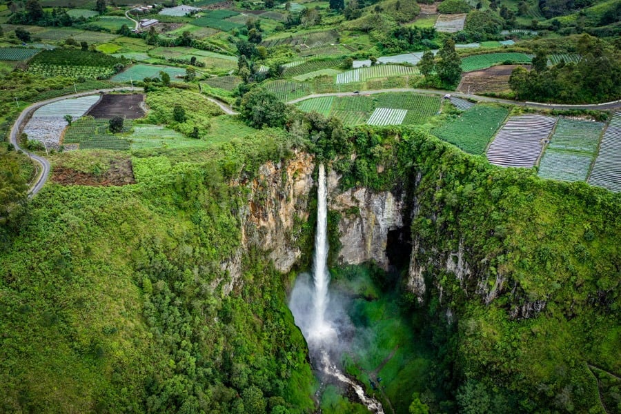 Sipiso Piso Waterfall Drone Picture In Berastagi Sumatra Indonesia