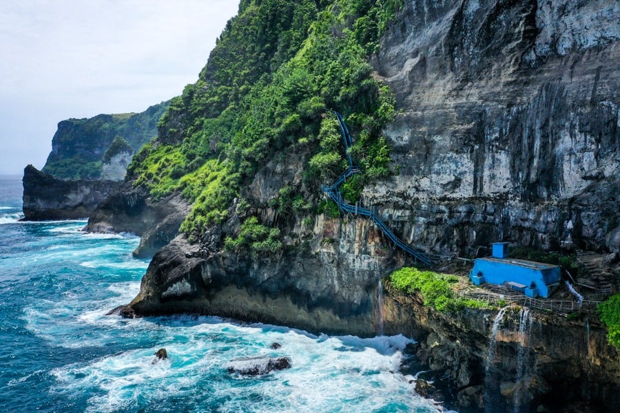 Peguyangan Waterfall Nusa Penida Bali Drone Blue Stairs