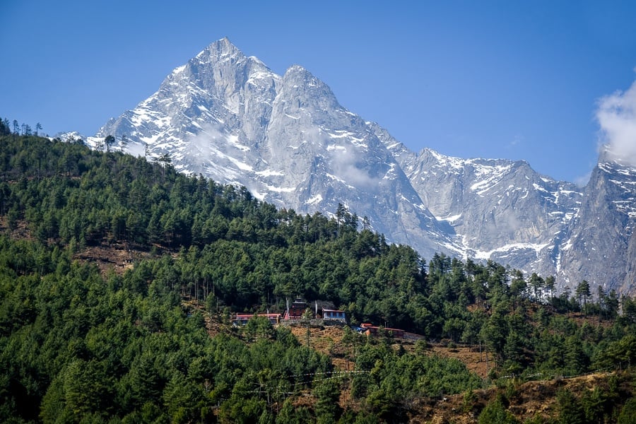Mountains and pine trees near Lukla on the EBC Trek in Nepal