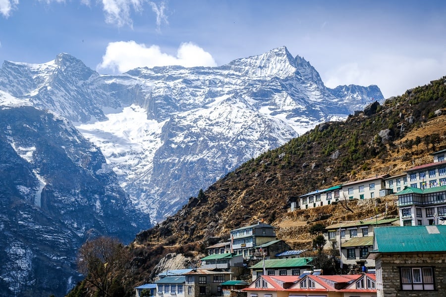 Namche Bazaar houses and mountains on the EBC Trek in Nepal