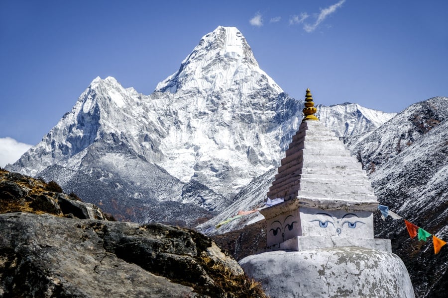 Ama Dablam mountain and stupa on the Everest Base Camp Trek in Nepal