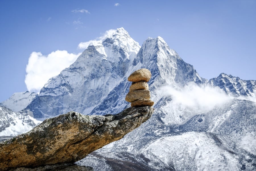 Balancing stones near Mt Ama Dablam on the Everest Base Camp Trek in Nepal