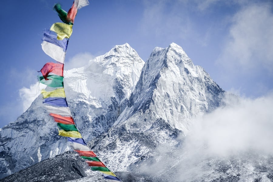 Prayer flags and Ama Dablam on the Everest Base Camp Trek in Nepal