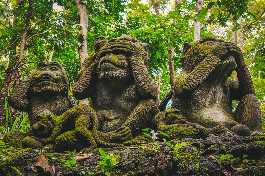 See no evil monkey statues at the Ubud Monkey Forest in Bali