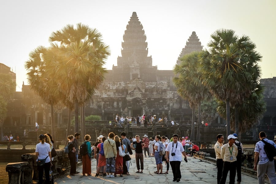 Tourists at the Angkor Wat entrance