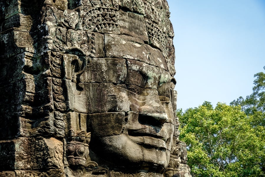 Khmer stone face at the Angkor Wat Cambodia