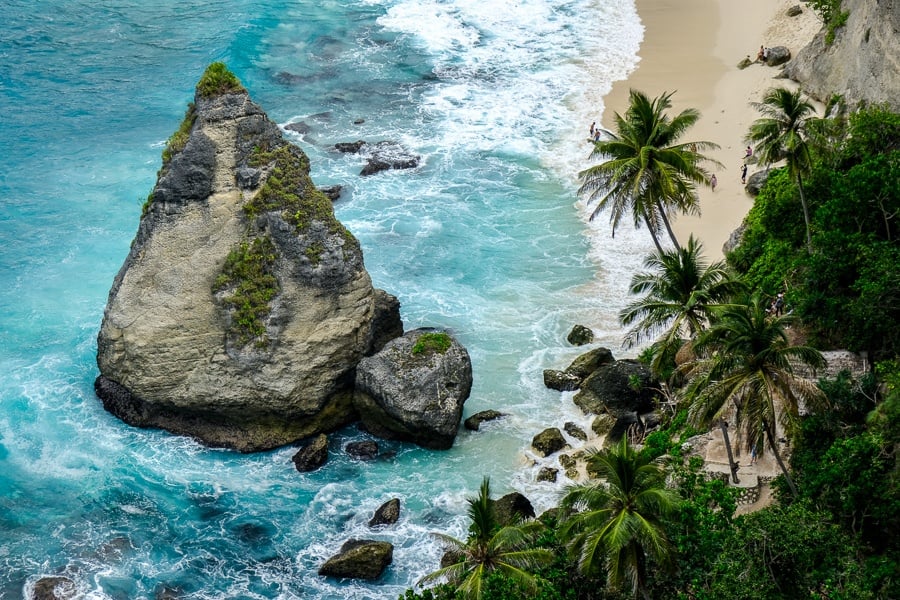 Pointy rock and palm trees at Diamond Beach in Nusa Penida, Bali